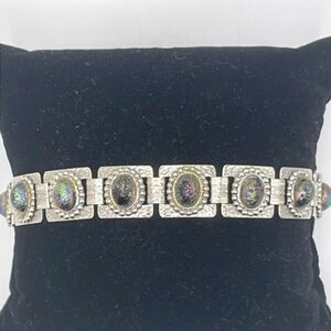 Embossed Silver Tone Druzy Style Book Chain Southwestern Style Bracelet
